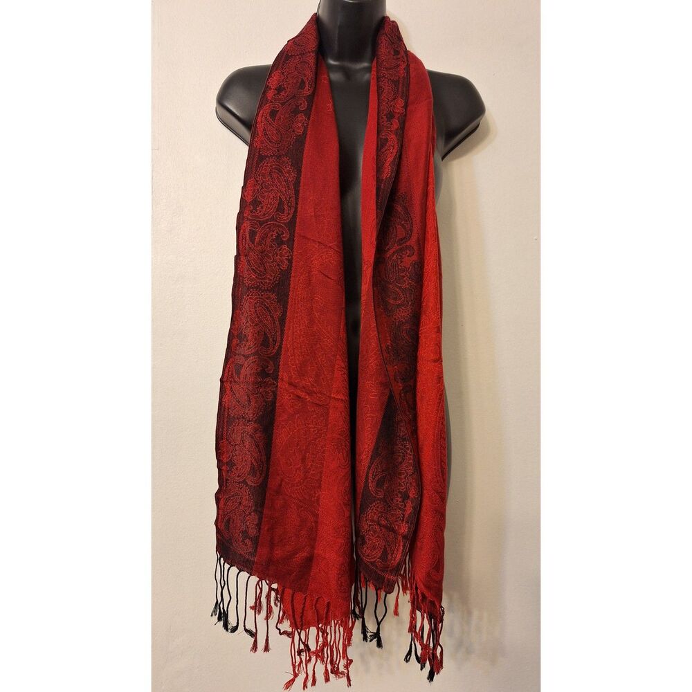 RED PAISLEY‎ Print Fringe Cotton Blend Scarf  Women Large Career Office Casual